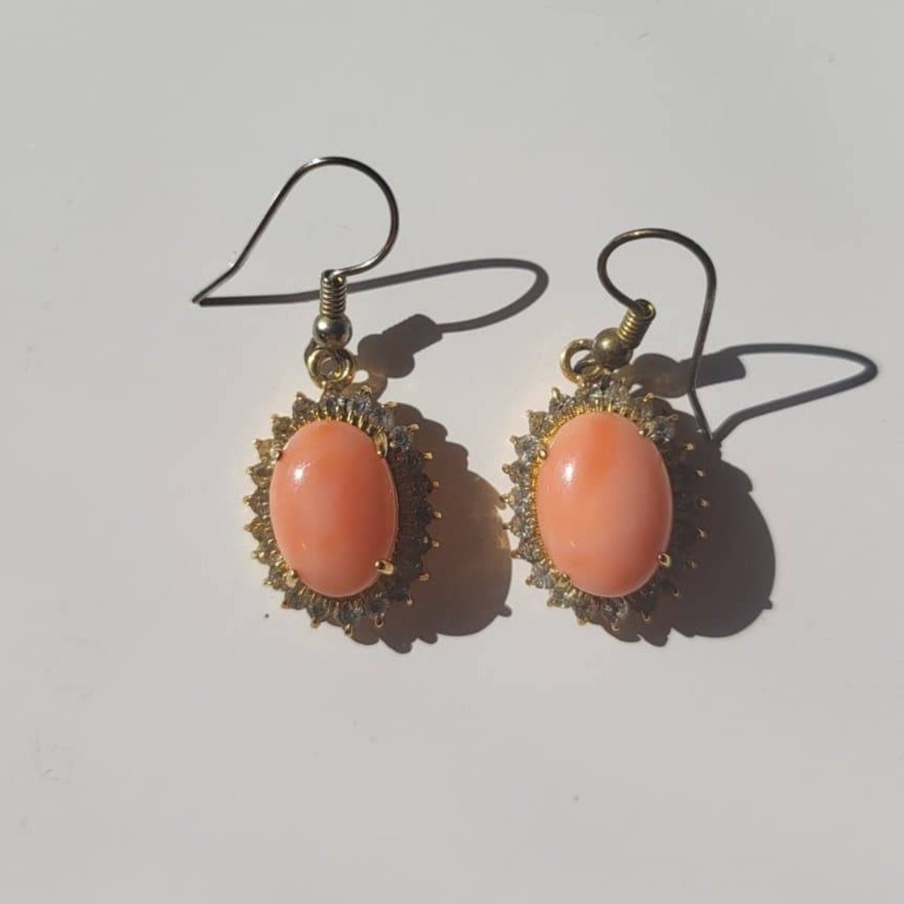 Vintage Faux Coral Rhinestone Drop Earrings OS Pink Gold Tone Halo Dangle